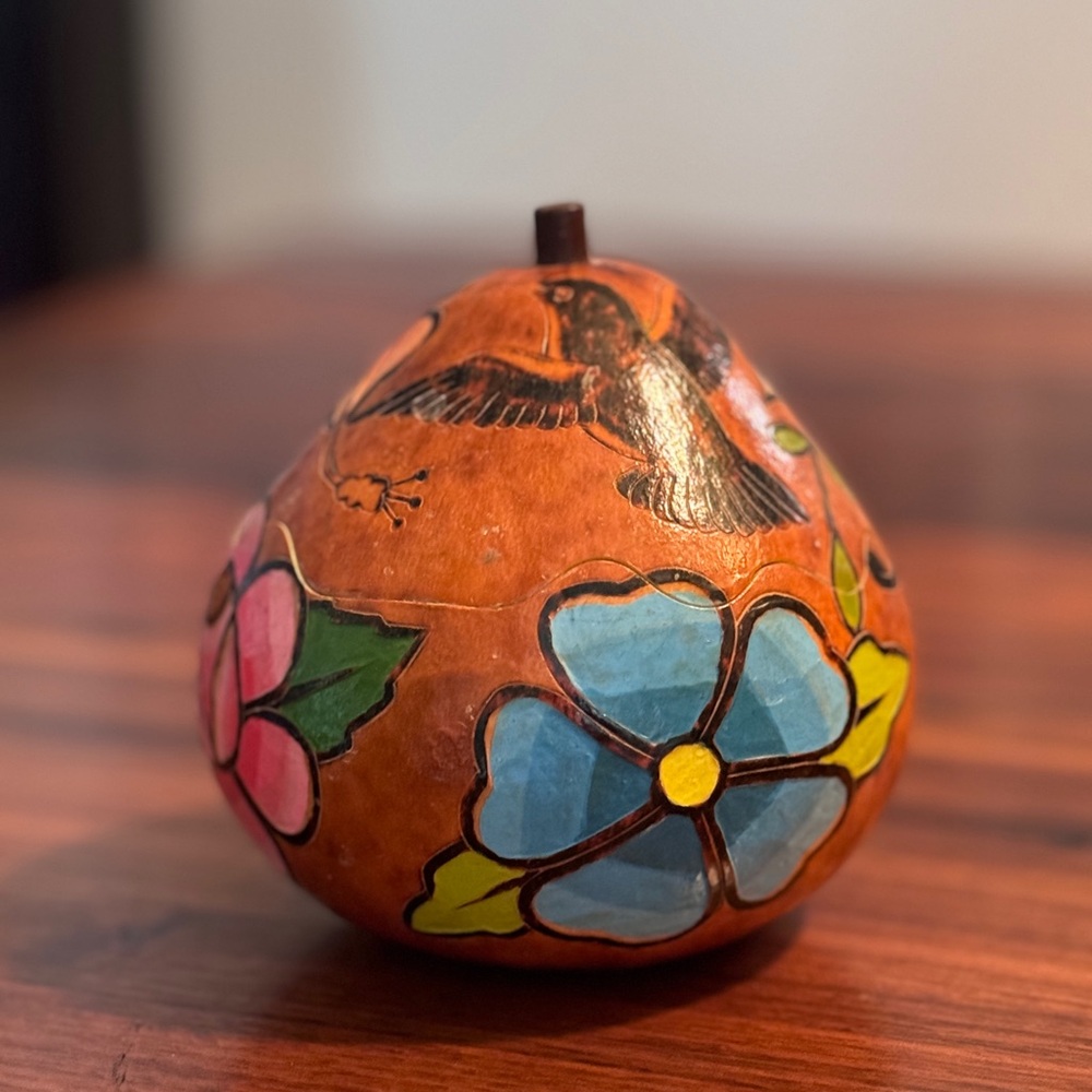 Vintage Signed Handcarved Peruvian Folk Art, Carved Gourd of Bird Flowers Jar